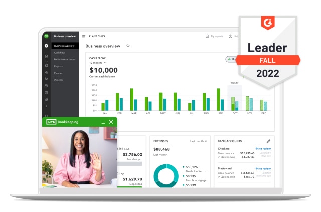 Lapto device displaying QuickBooks dashboard with a live bookkeeper chat wondow open. Bookkeeper is smiling and waving. Image displays G2 Fall 2022 Leader award badge.