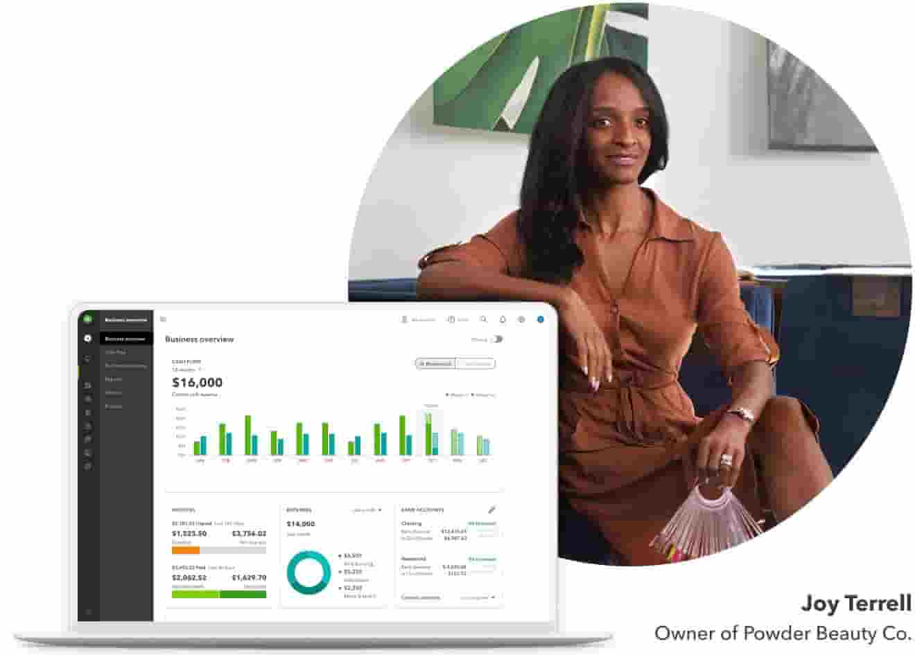 Photo of a QuickBooks customer sitting in their place of business. On top the photo is an illustration of a laptop showing the QuickBooks dashboard.