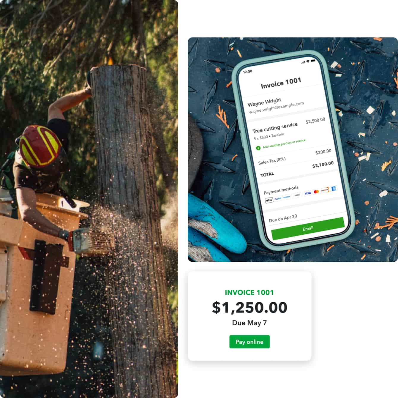 Image of a man cutting down a tree and sending an invoice for his services to a customer so they can pay him online. 