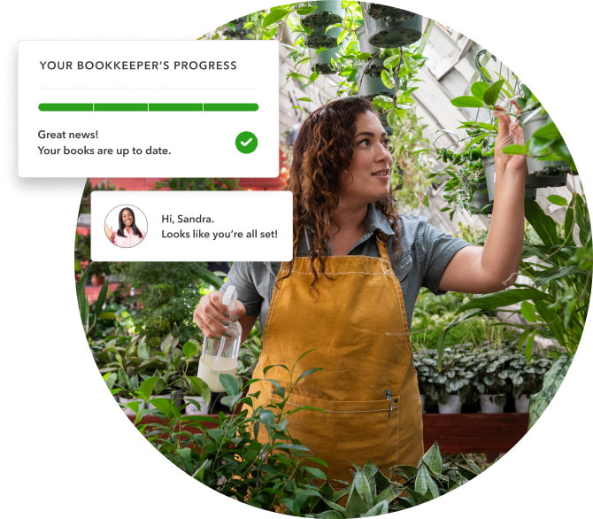 Live bookkeeper is communicating that the small business owners books are up-to-date, through QuickBooks product, to plant nursery business owner who is performing tasks for their business