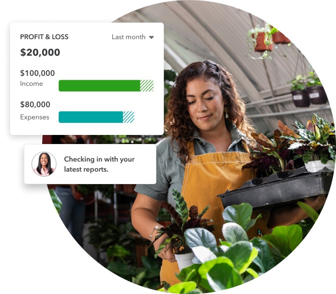 Live bookkeeper showing profit and loss reports through QuickBooks product, to plant nursery business owner who is performing tasks for their business