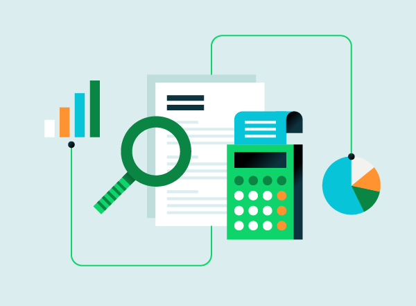 Business budget template illustrated with magnifying glass analysis, charts, and calculator.
