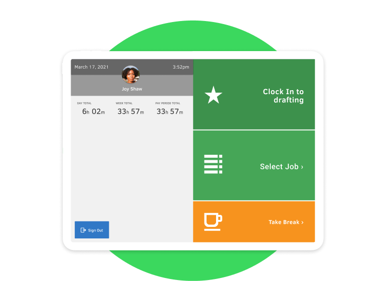 Tablet showing Time Kiosk feature on QuickBooks time.